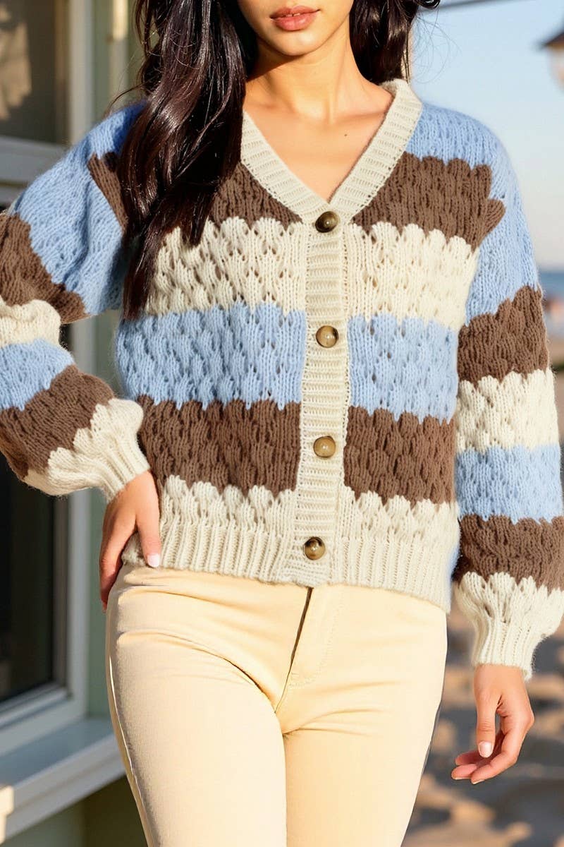 CWOSWL07088_CONTRAST COLOR V-NECK LOOSE KNIT CARDIGAN SWEATE