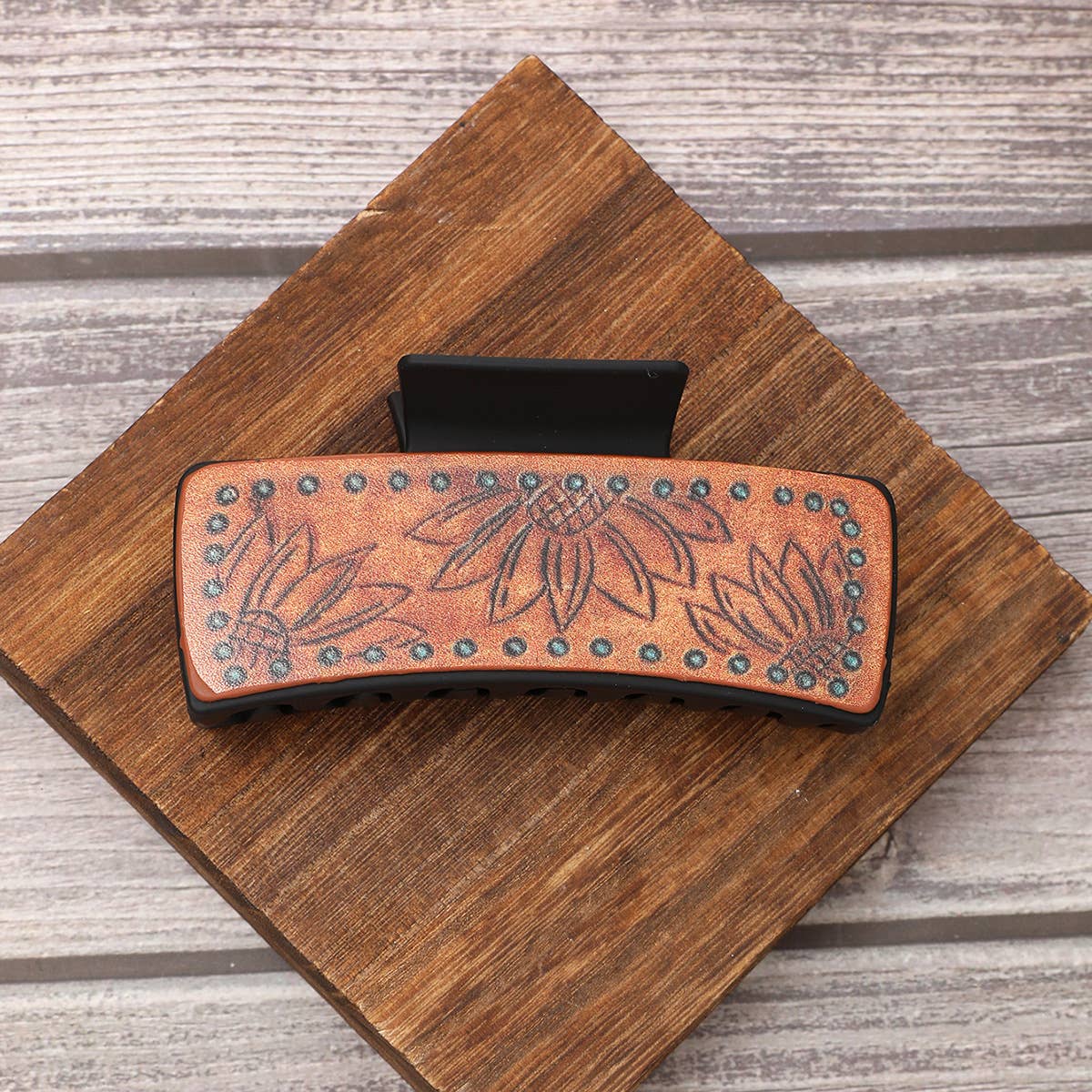 LEATHER SUNFLOWER PATTERN WESTERN HAIR CLAW CLIPS