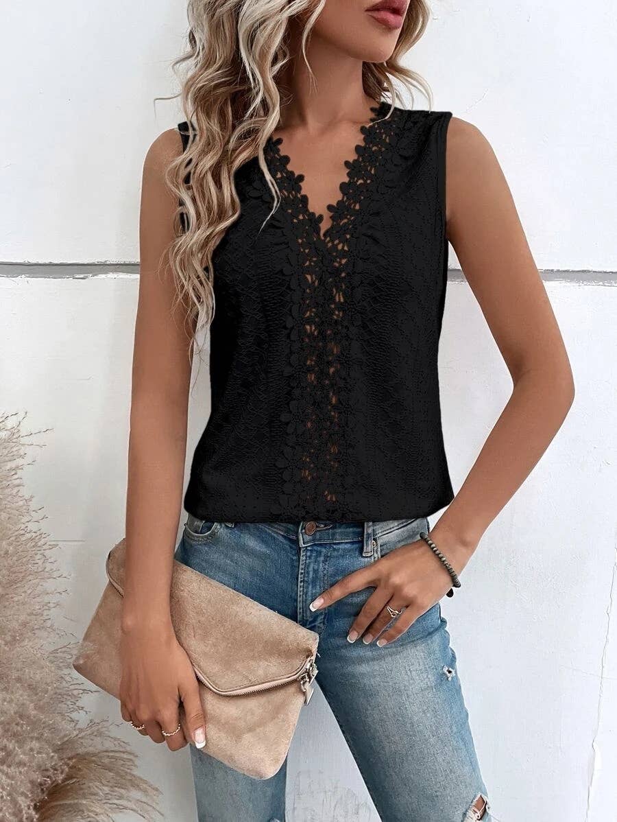 V-neck patchwork cutout lace vest T-shirt