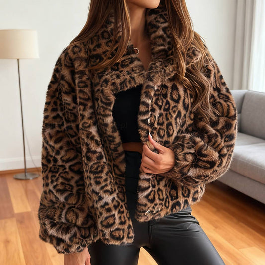 Leopard print long-sleeved furry short coat