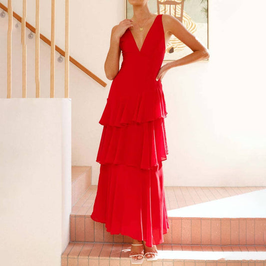 Stylish sleeveless V-neck French cake dress