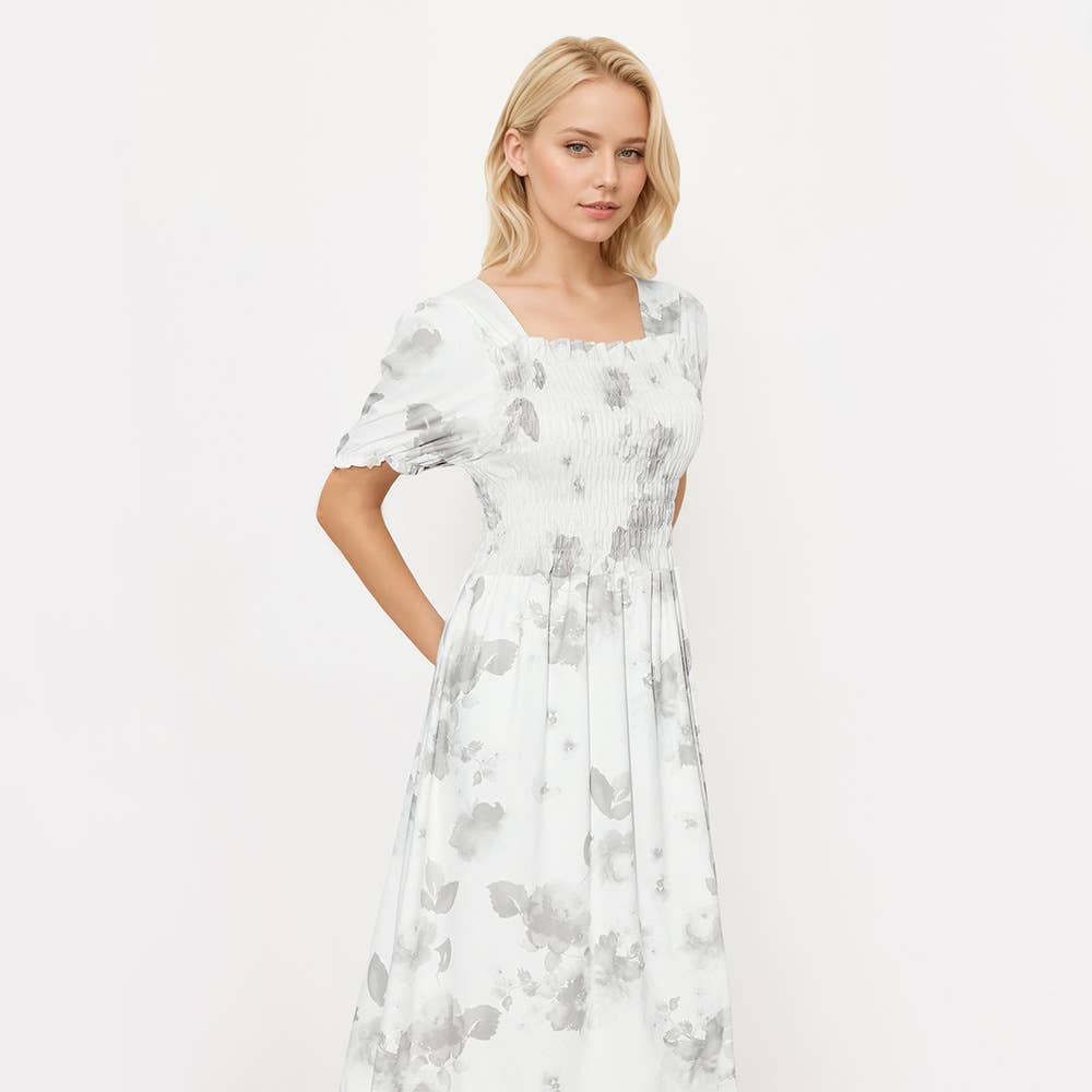PRINTED DRESS WITH SQUARE COLLAR PUFFED SLEEVES