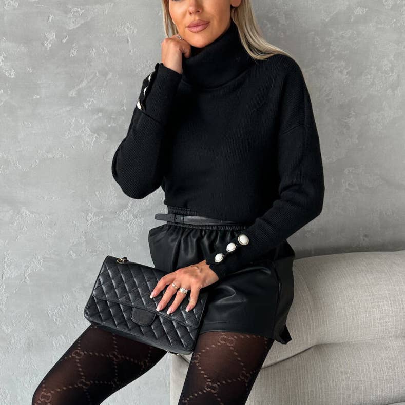 STRIPED TURTLENECK CUFF BUTTON CASUAL SWEATER