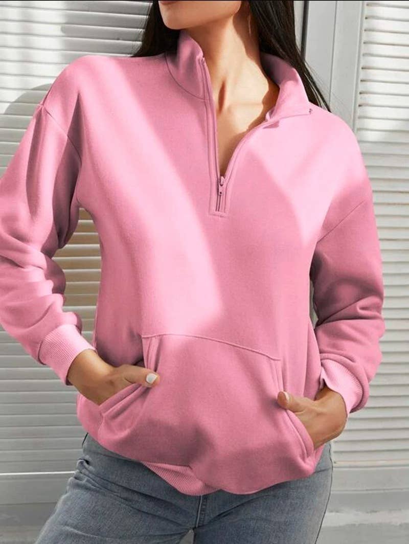 SOLID COLOR HALF ZIP POCKET STAND COLLAR HOODIE
