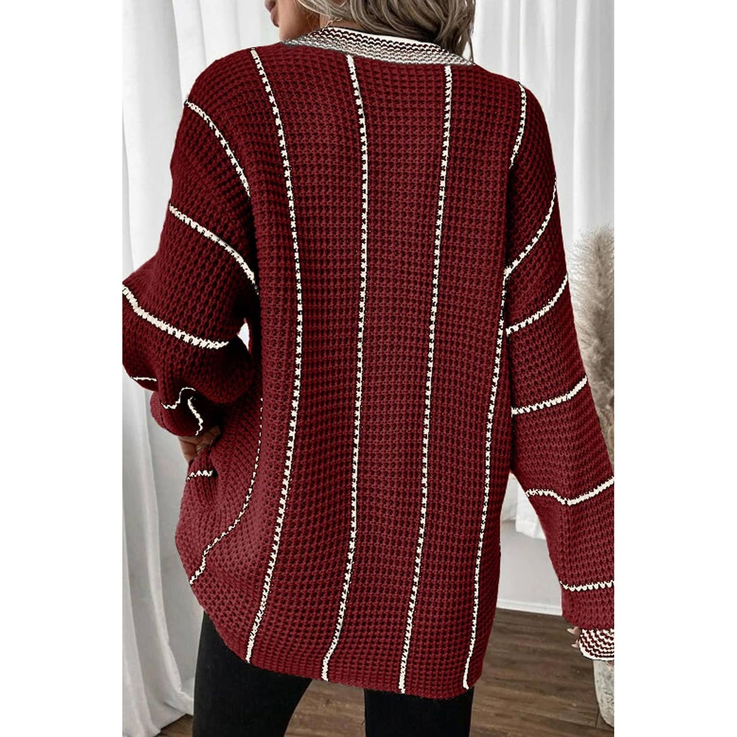 KNITTED V-NECK STRIPED PULLOVER SWEATER