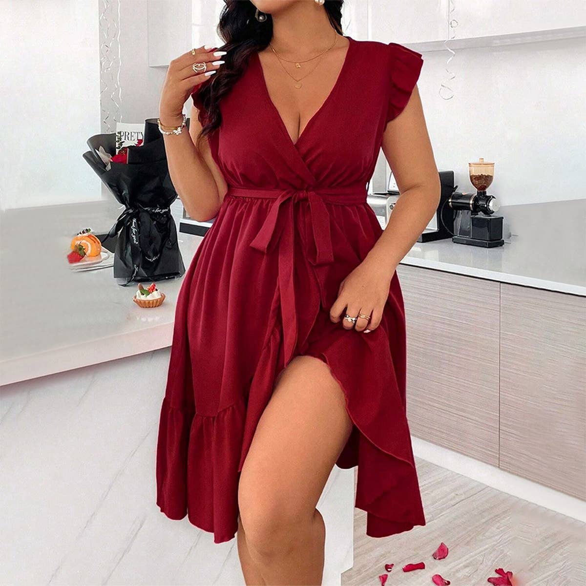 V-Neck Solid Color Tie Waist Ruffle Sleeve Dress