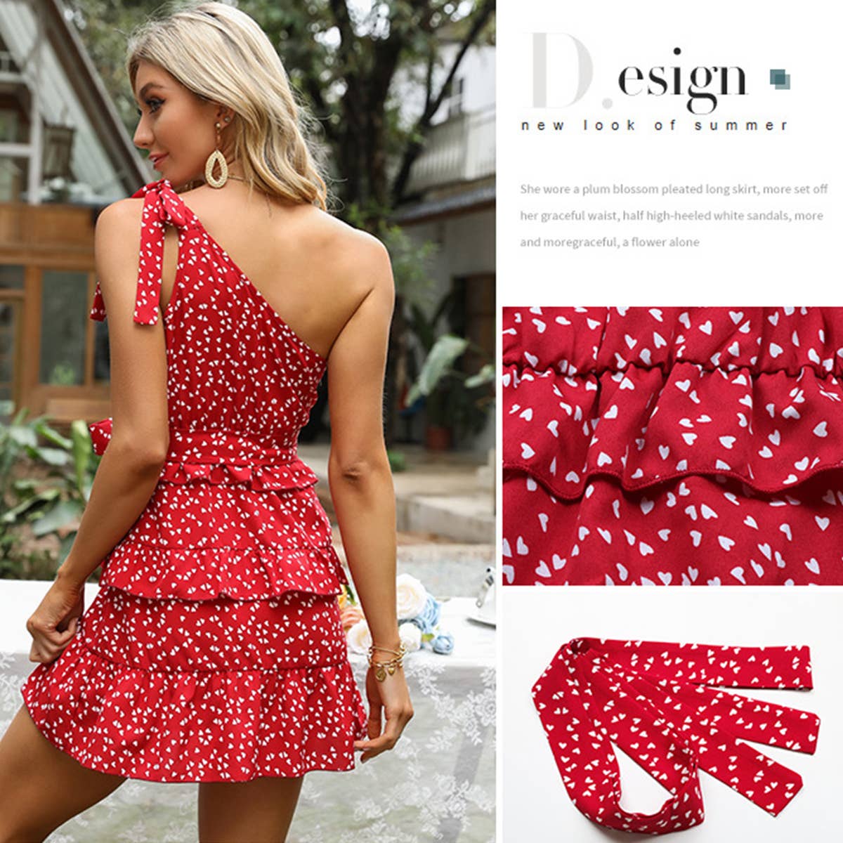 Slim-fit printed dress with waist and shoulder