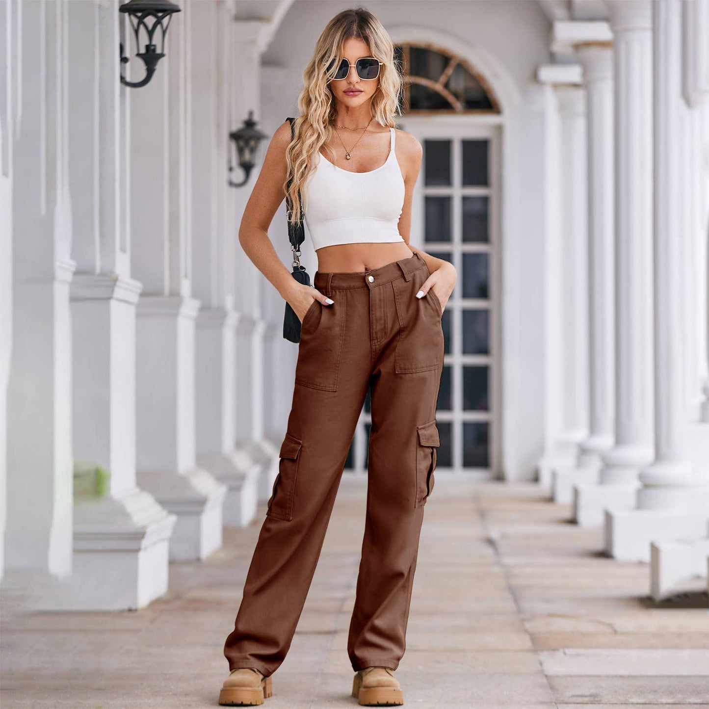 WASHED SEMI-ELASTIC-WAISTED DENIM CARGO PANTS