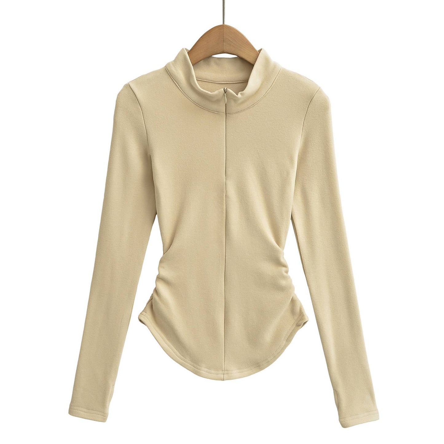 VELVET STAND COLLAR ZIPPER SOLID COLOR BASE SHIRT