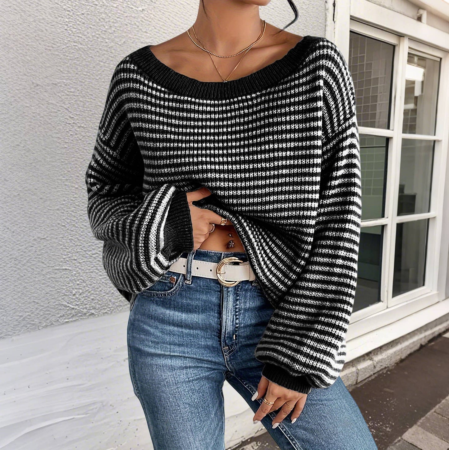 Striped off-the-shoulder sleeve knitted sweater