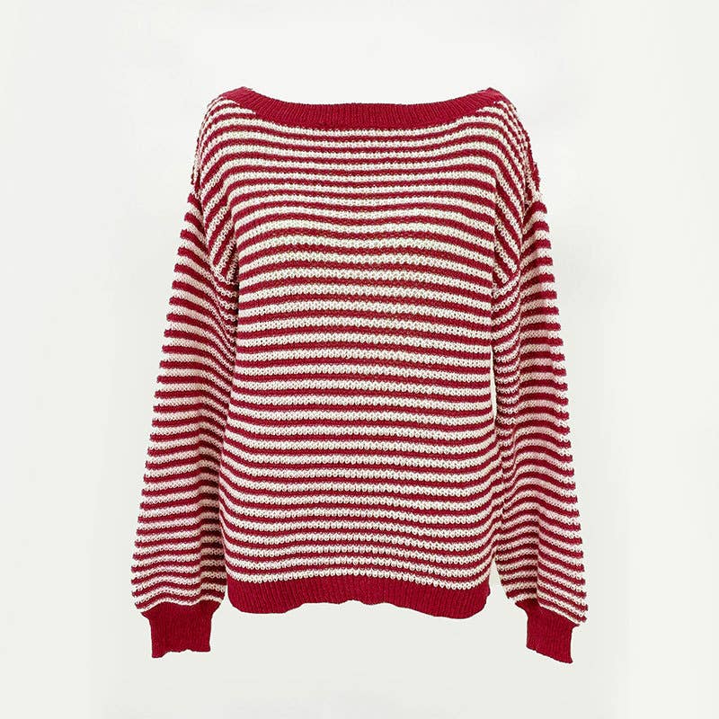 Striped off-the-shoulder sleeve knitted sweater