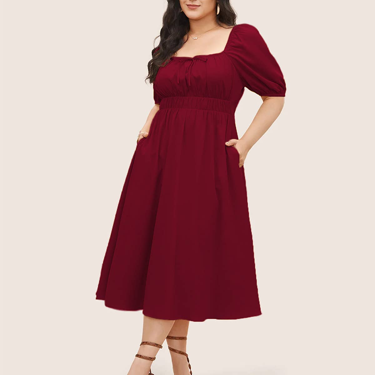 Summer Puff Sleeve Midi Dress with Pockets_CWDMD6037
