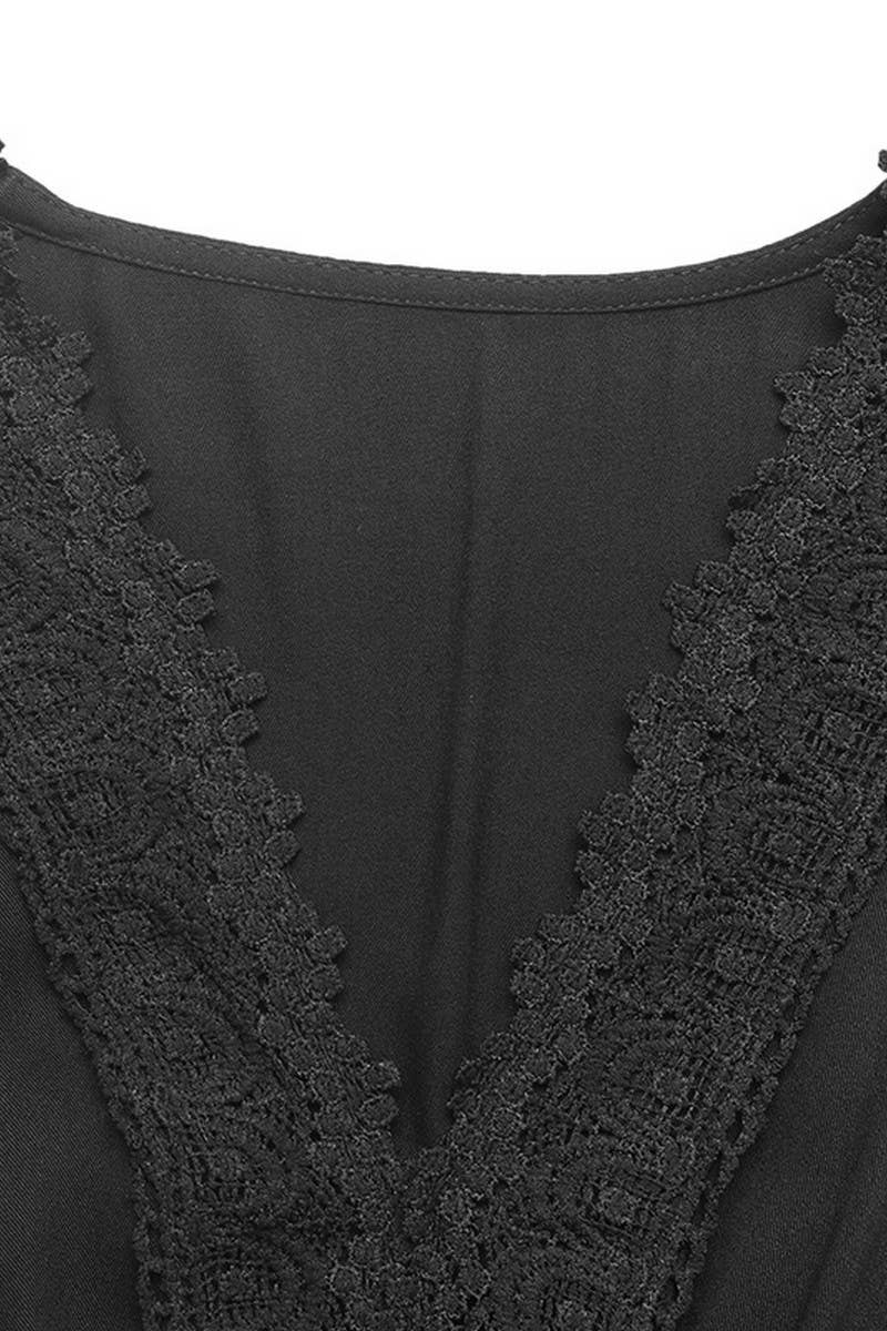 CWDMD01040_V NECK WAIST LACE LONG SLEEVE SOLID DRESS