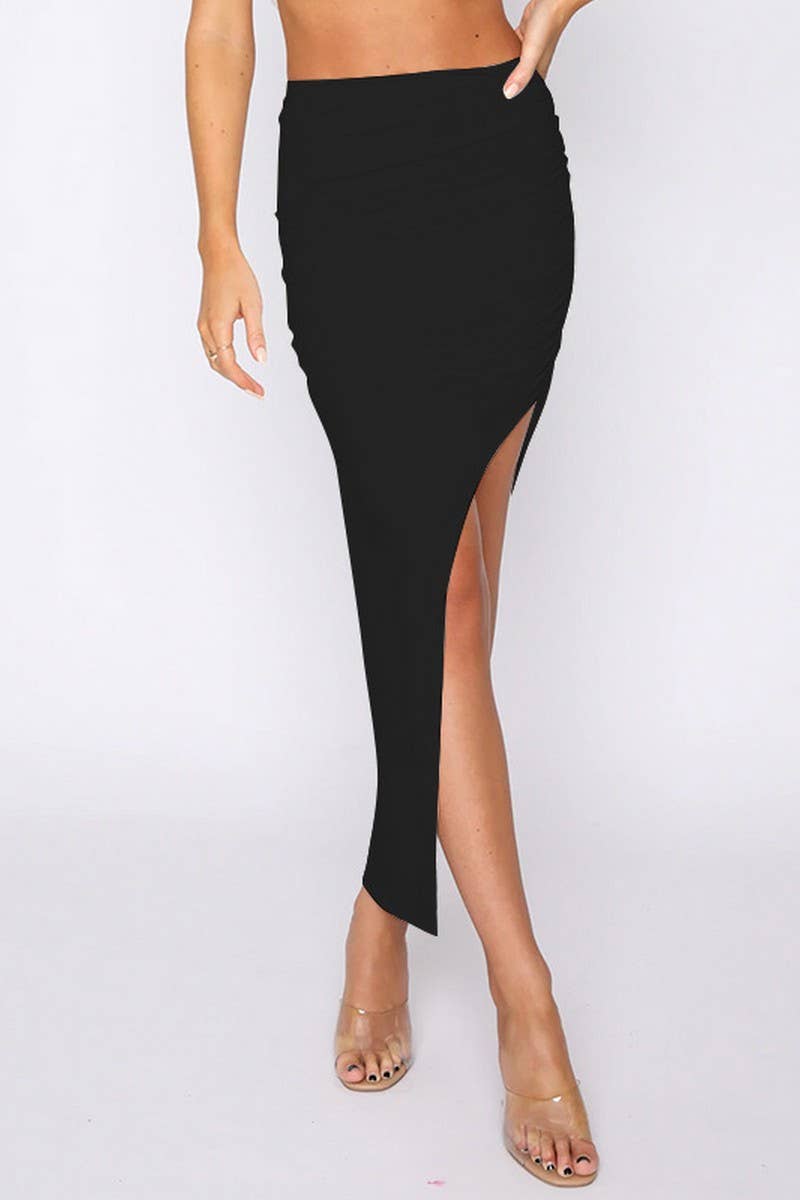 CWBMS0345_SOLID ASYMMETRIC GATHERED SKIRT