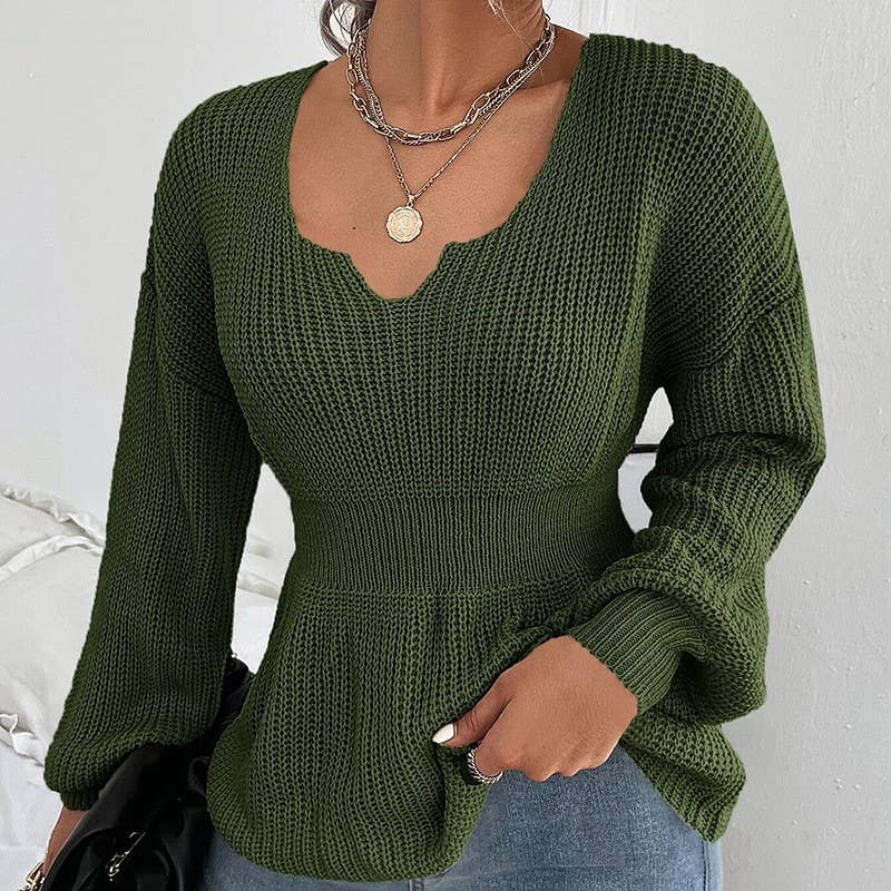 V-NECK SOLID COLOR LONG SLEEVE RUFFLED KNIT