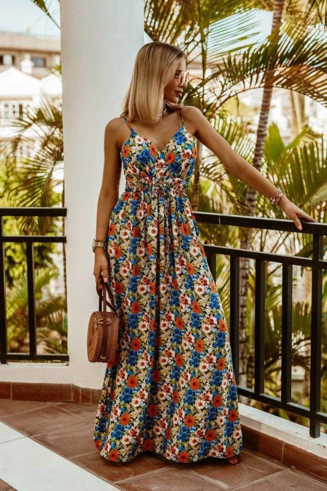 V-neck sleeveless halter print boho long dress