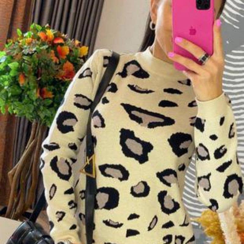 LEOPARD-PRINT HALF-TURTLENECK SWEATER LOOSE WOOL