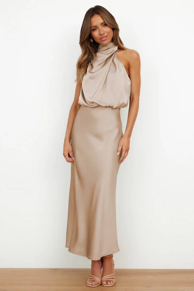 SOLID COLOR SATIN HALTER SLEEVELESS DRESS_CWDMD1302
