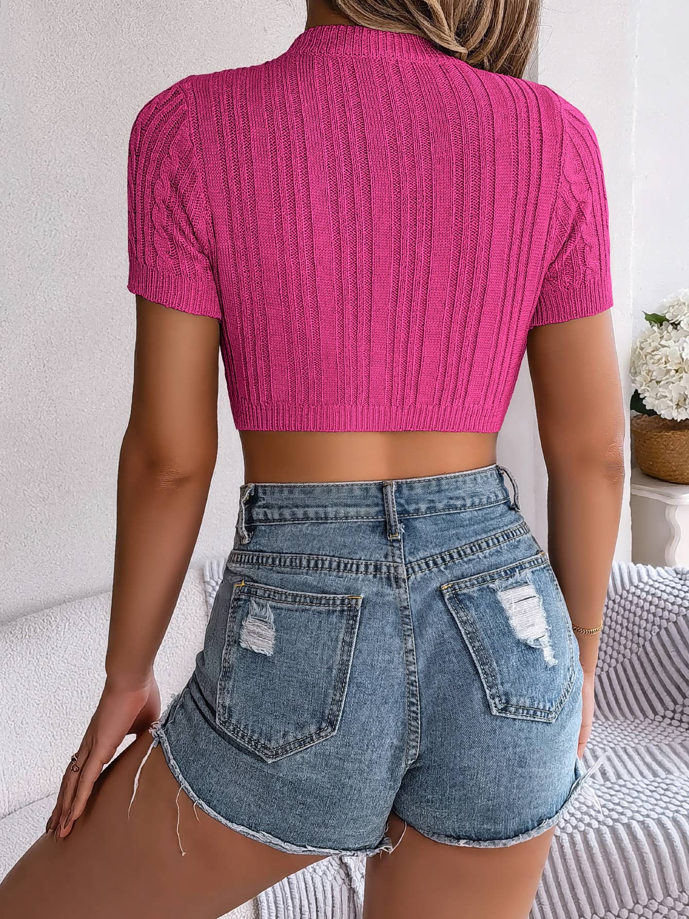 Hollowed-out braided short-sleeved knitted top