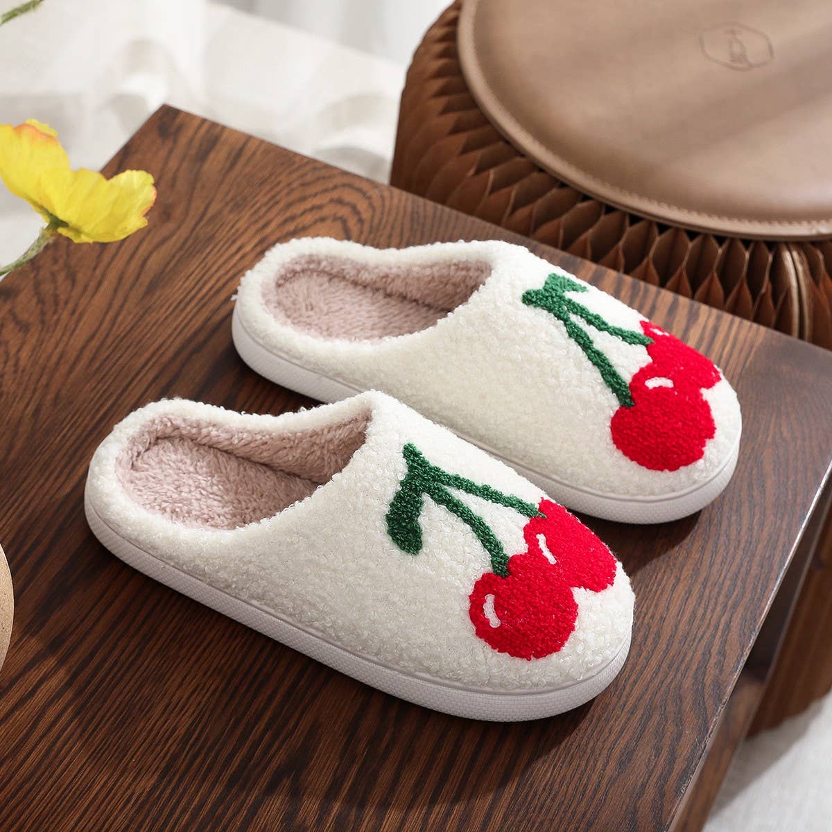 CUTE CHERRY EMBROIDERED COTTON SLIPPERS