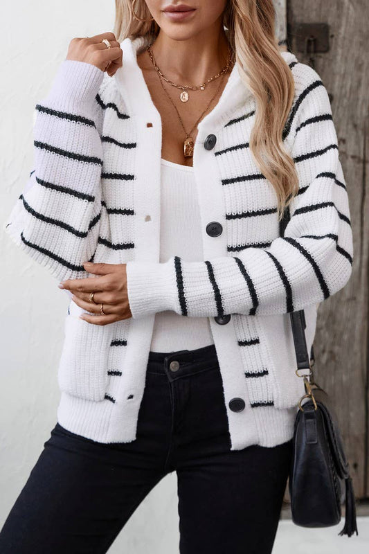 CWOCAL0851_HOODED POCKET STRIPED KNITTED CARDIGAN