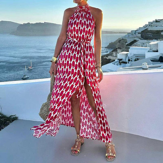 FASHION SEXY PRINT HALTER SPLIT MIDLENGTH DRESS