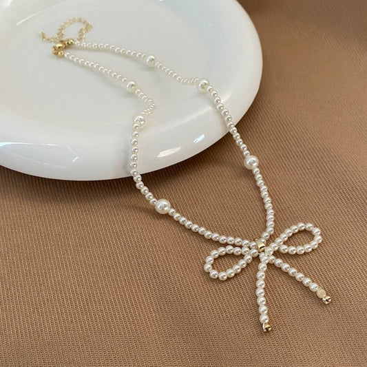 WOMEN'S PEARL BEADED VINTAGE BOW NECKLACE