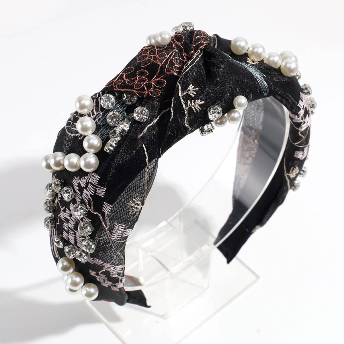 PEARL AND RHINESTONE EMBROIDERED KNOTTED HEADBAND_CWAHA2305