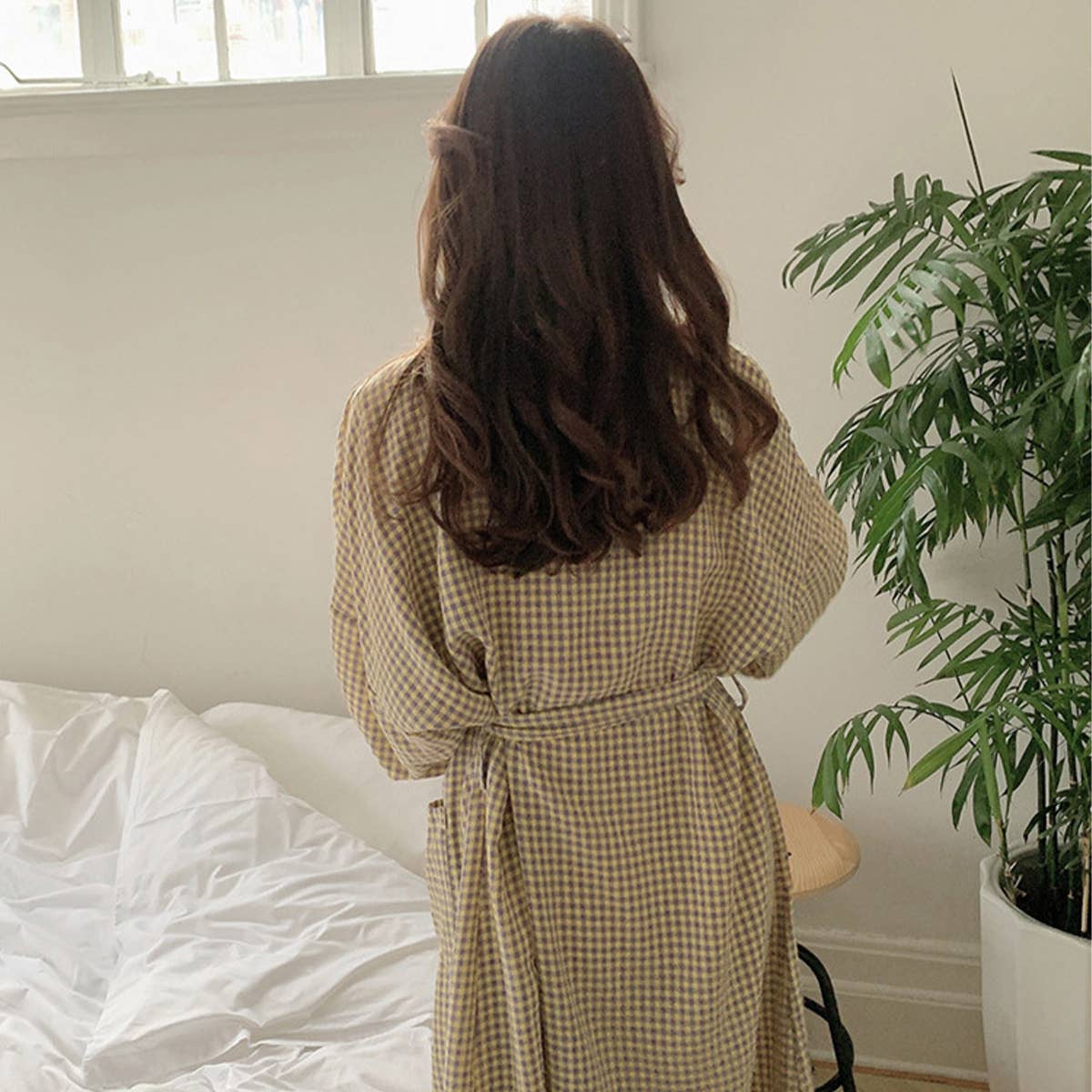 Long front-opening laced home gown gown