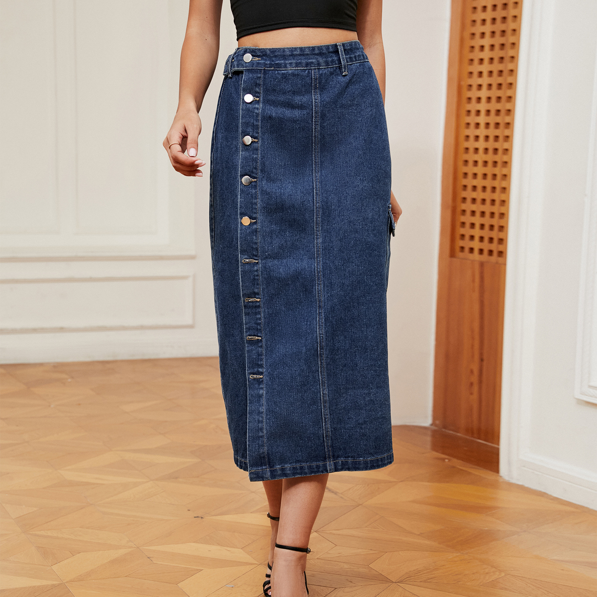 Trendy Denim Cargo Skirt Women Elastic Waist