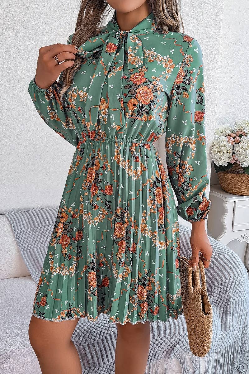 CWDSD6429_FLORAL LACE-UP LONG-SLEEVED PLEATED DRESS