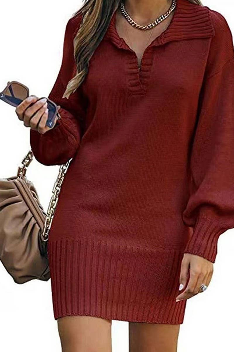 Lapel lantern sleeve loose knit dress