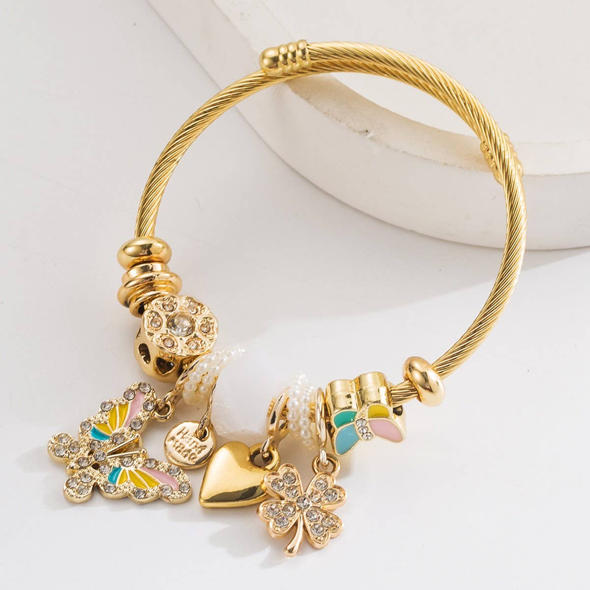 Adjustable Steel Bracelet with Butterfly & Clover_CWMM8600