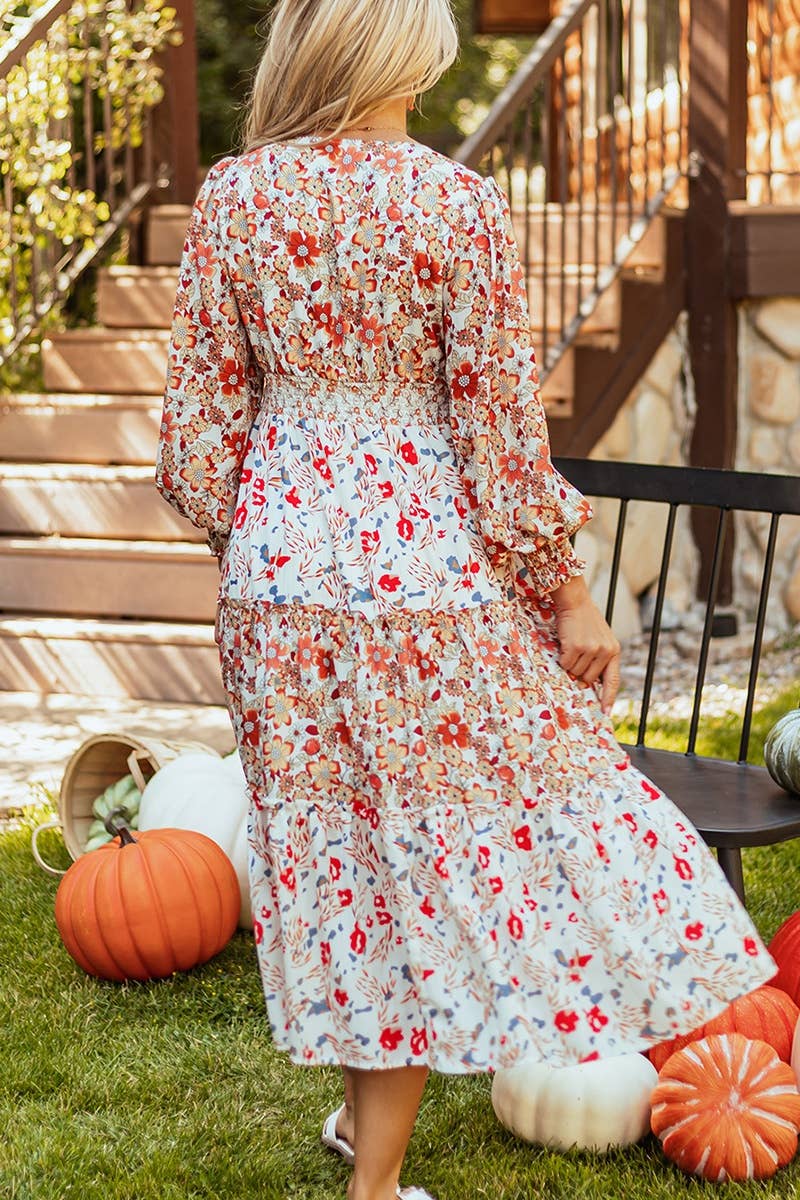 CWDMD4113_PRINTED V-NECK LONG-SLEEVED HIGH-WAISTED DRESS