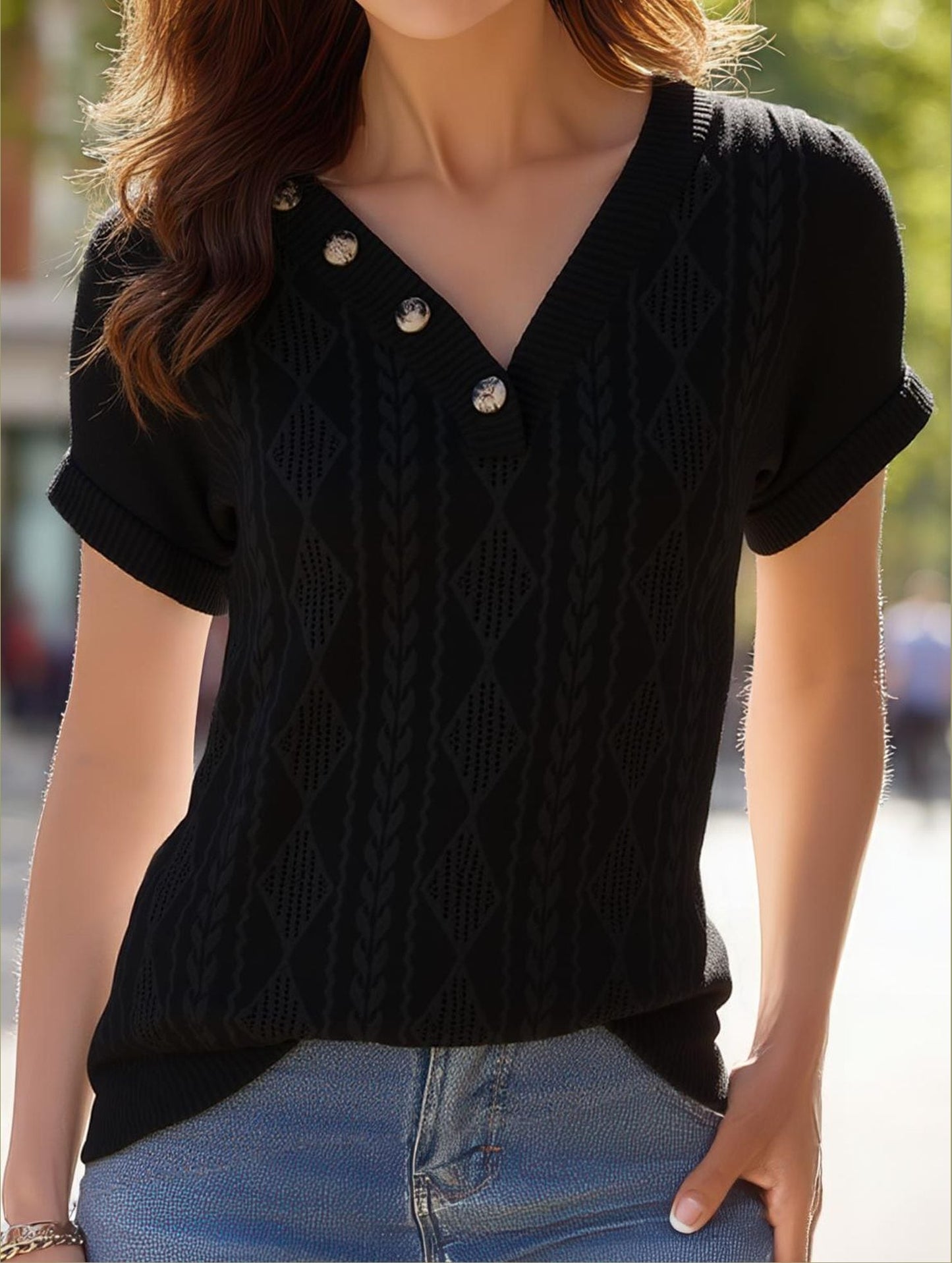 Women's V-Neck Loose Fit Solid Color Short Sleeve T-Shirt ??Comfortable Casual Top