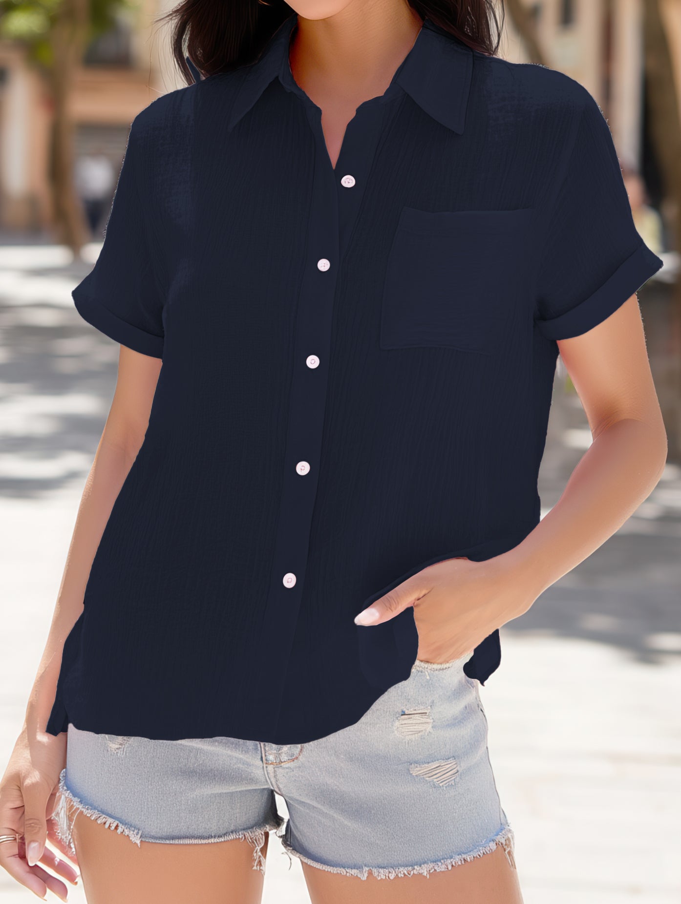 COTTON LINEN SIDE SLIT POCKET SHORT SLEEVED SHIRT_CWTDSS0015