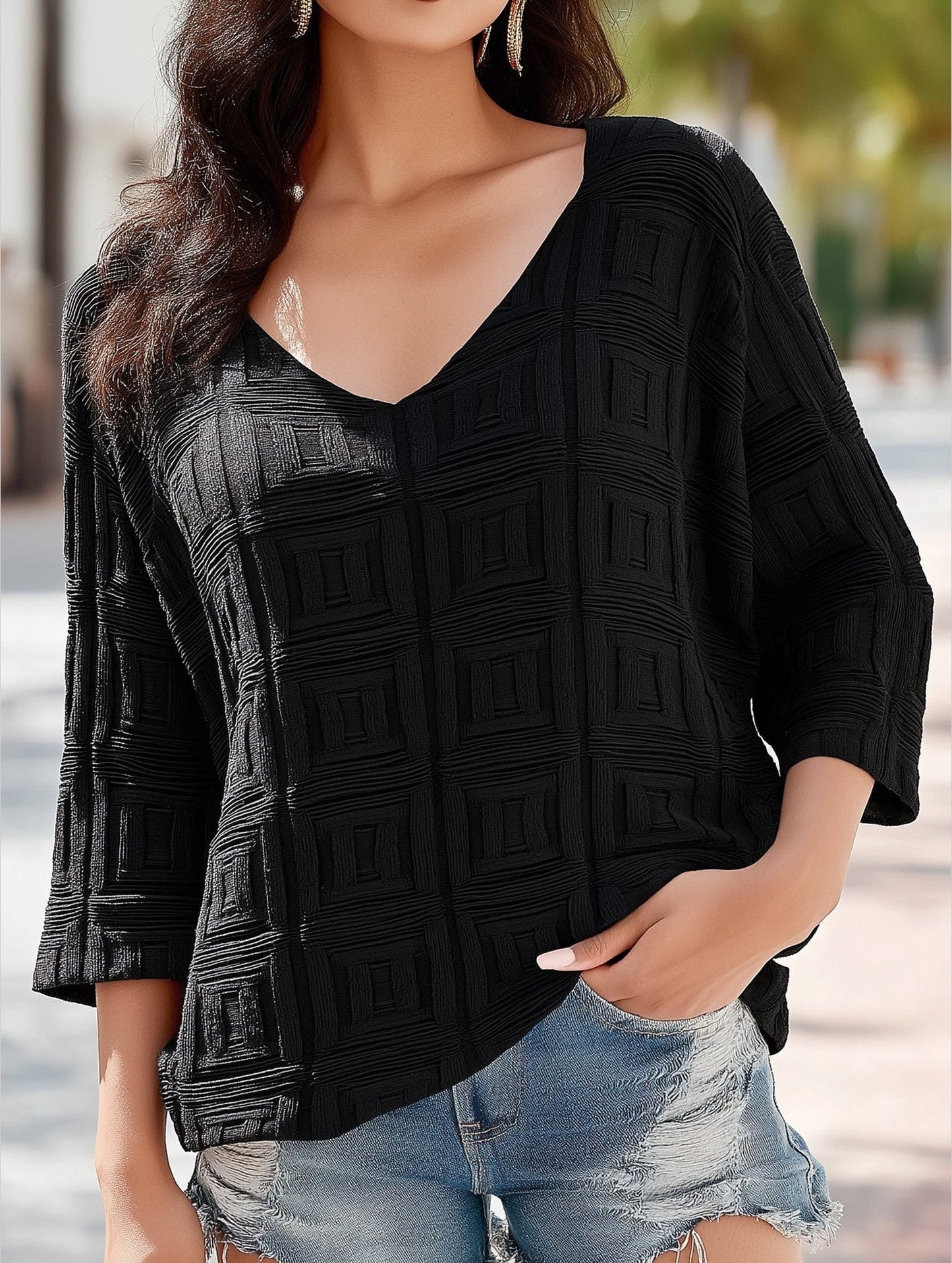 Simple Loose Knit Solid Color Pullover V-Neck Top ??Comfortable Acrylic Sweater for All Seasons