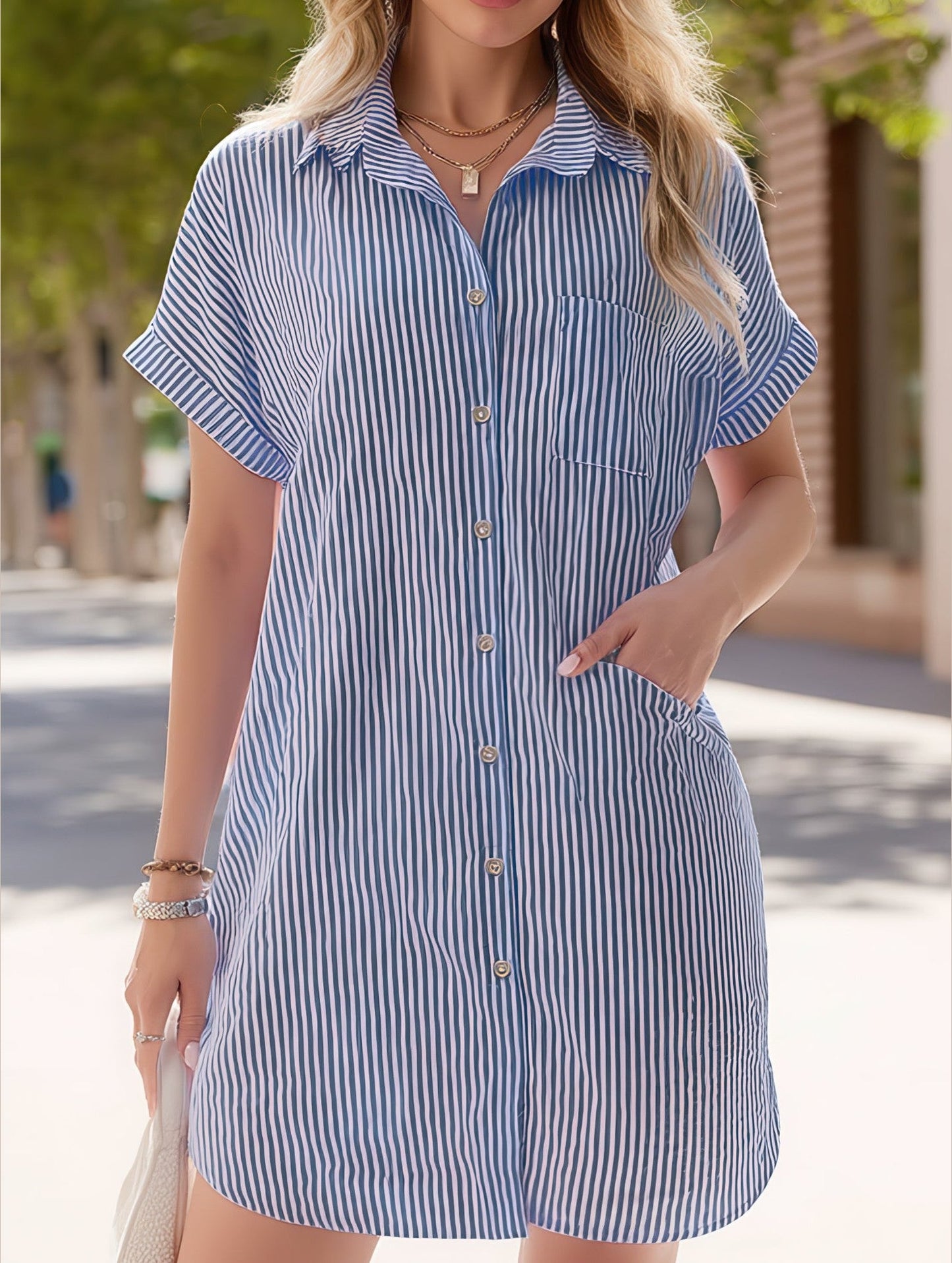 Striped Short Sleeve Viscose Dress ??Lightweight Mid-Length Summer Dress