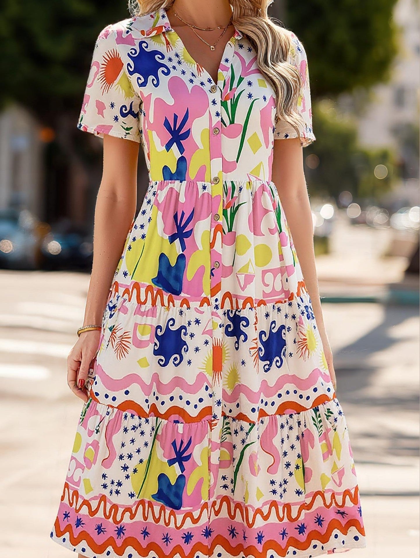 Bohemian High-Waisted Colorblock Midi Dress ??Casual Viscose Lyocell Blend