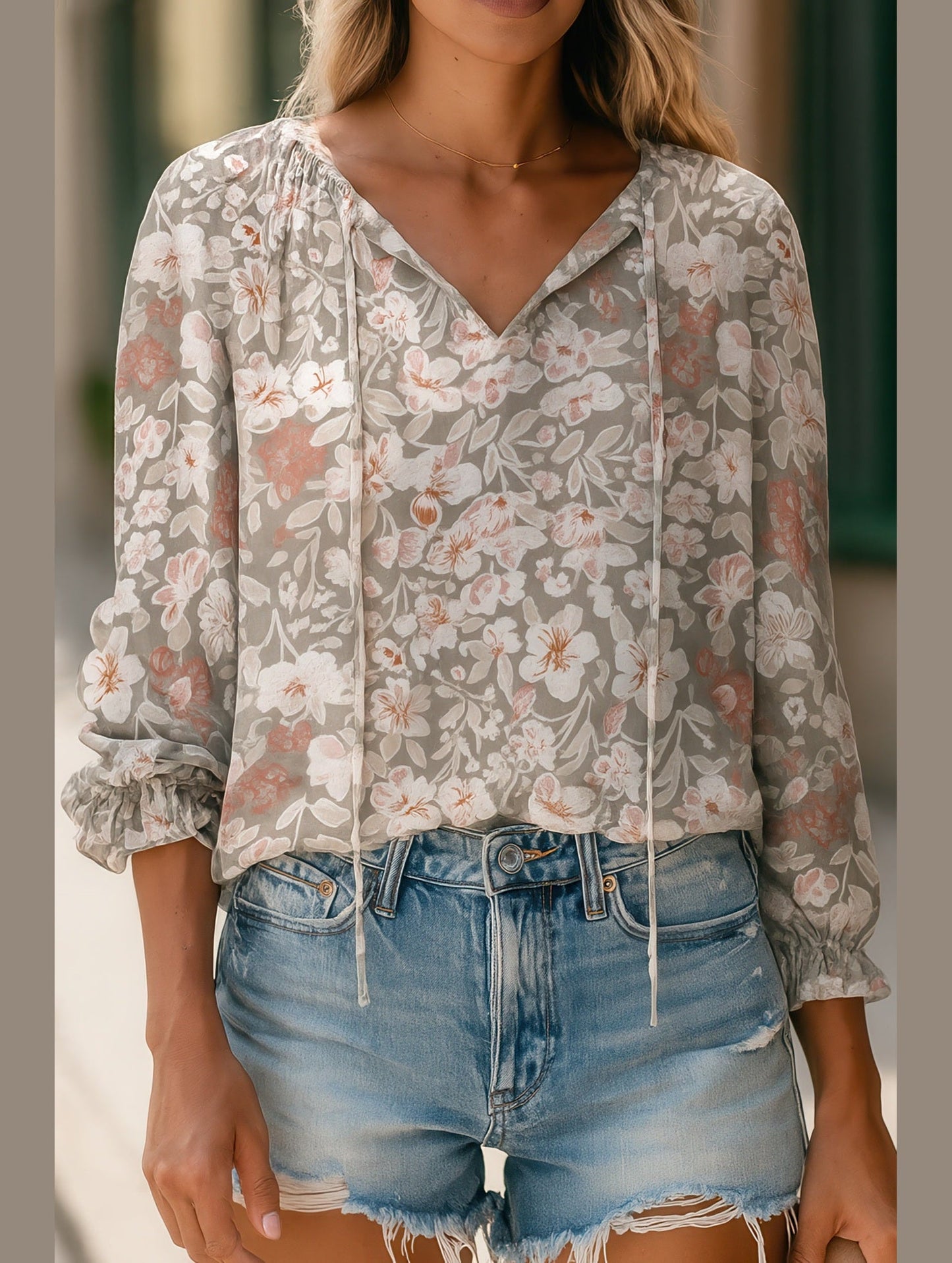 Floral Printed V-Neck Shirt ??Lightweight Elegant Women's Top