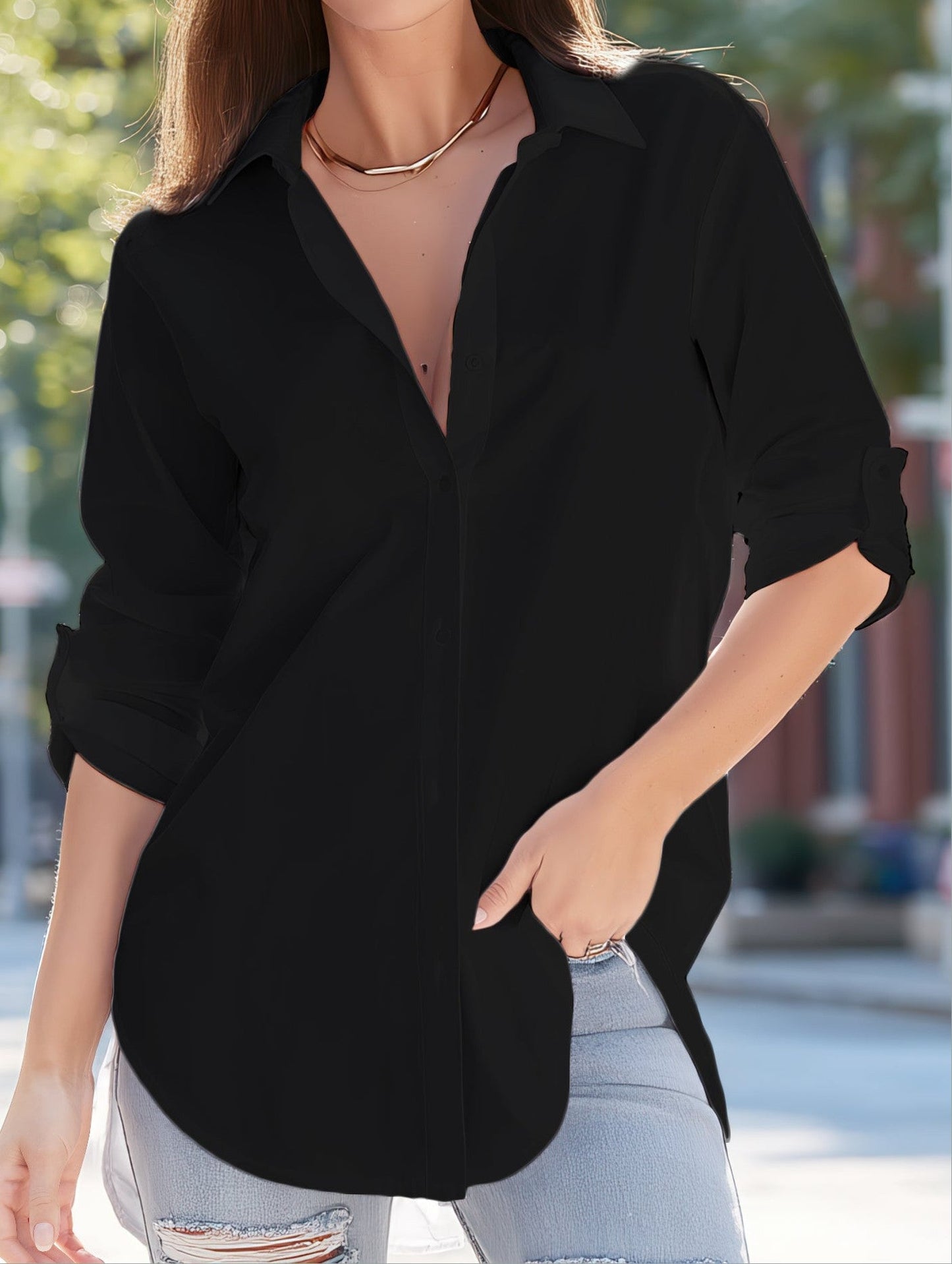 Simple Long Sleeve V-Neck Button-Down Shirt ??Classic 100% Cotton Women's Shirt
