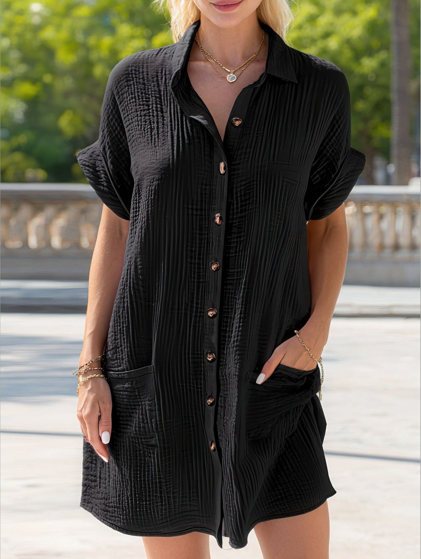 Simple V-Neck Button-Up Dress ??Casual Elegant Summer Dress for Women