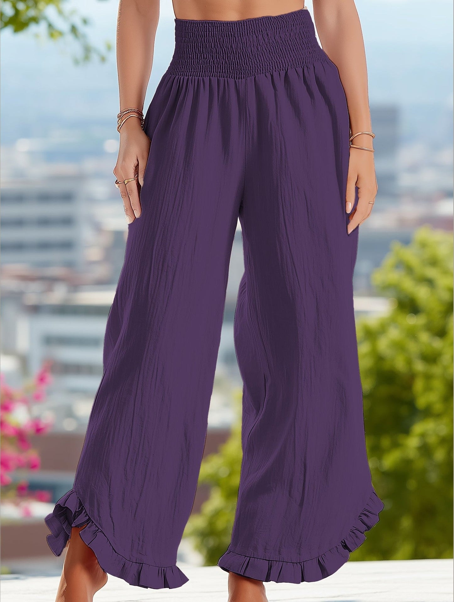 Smocked Waist Ruffled Wide-Leg Pants ??Casual High-Rise Flowy Trousers