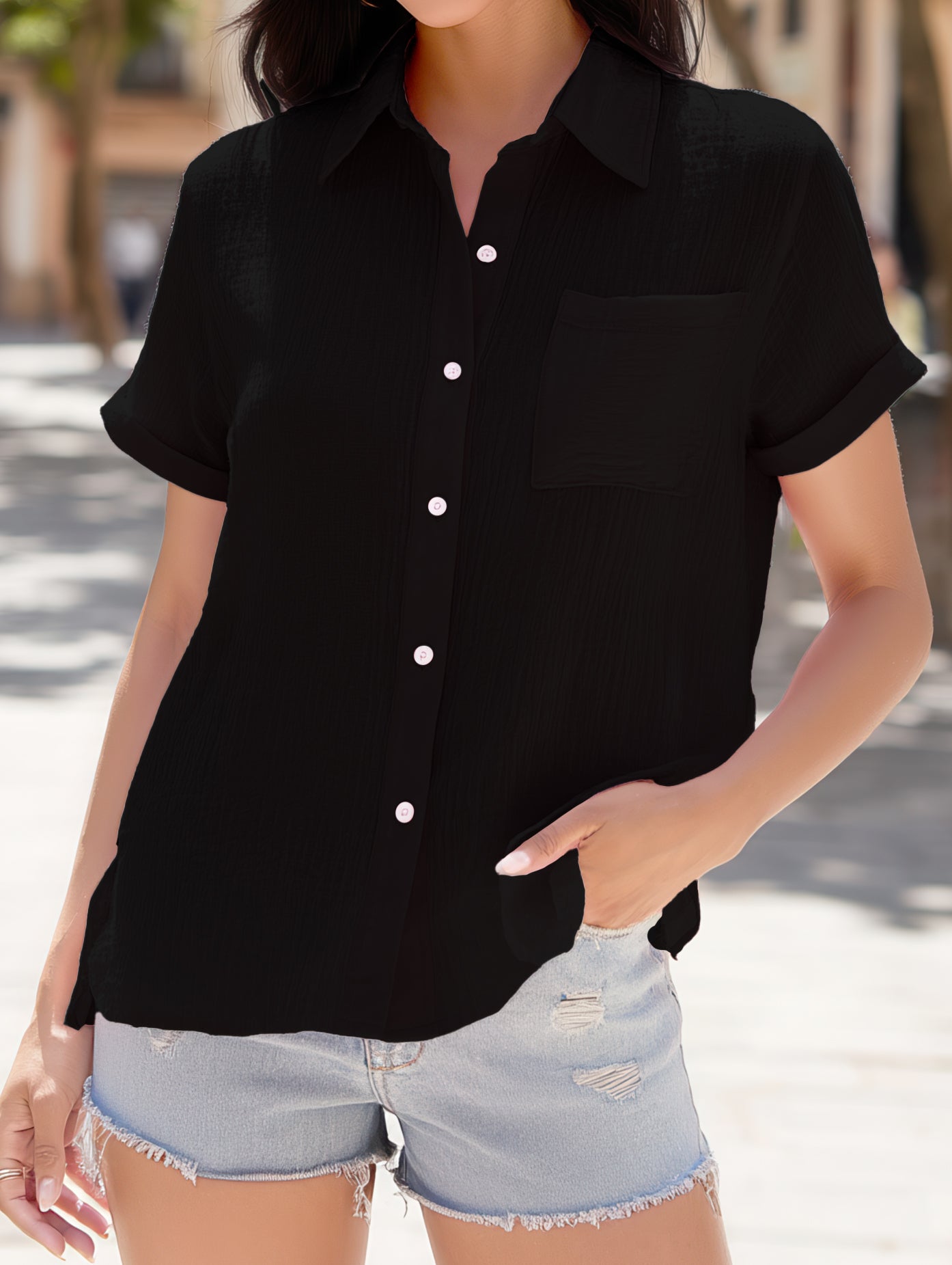 COTTON LINEN SIDE SLIT POCKET SHORT SLEEVED SHIRT_CWTDSS0015