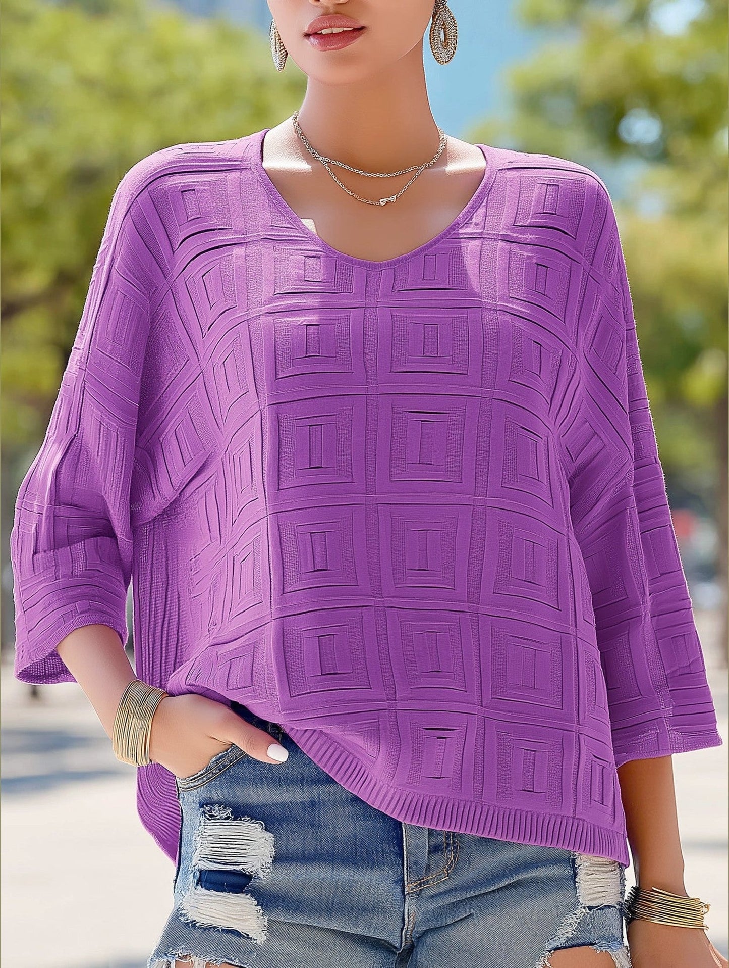 Simple Loose Knit Solid Color Pullover V-Neck Top ??Comfortable Acrylic Sweater for All Seasons