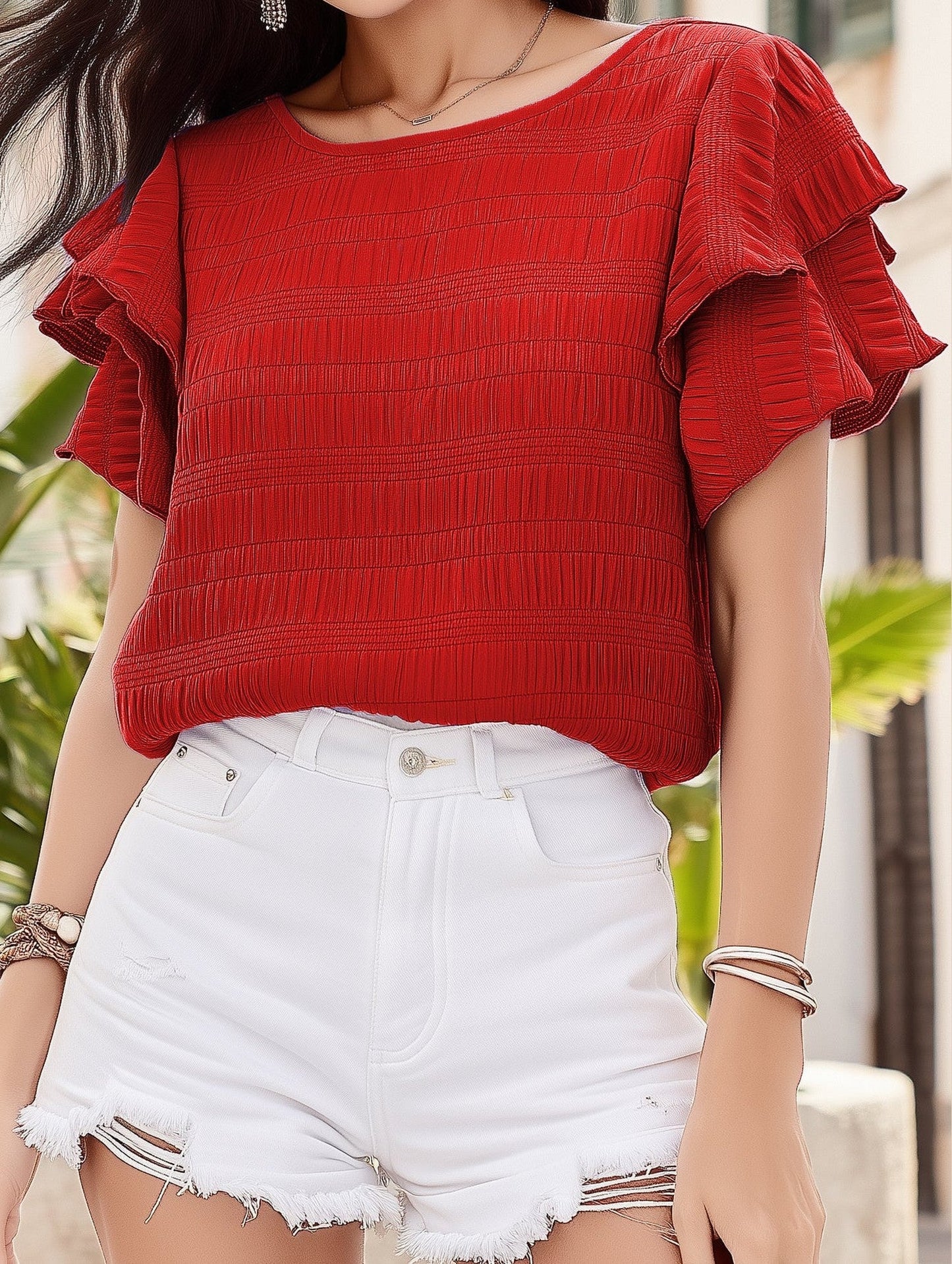 Double-Layered Ruffle Sleeve T-Shirt ??Elegant Crewneck Blouse