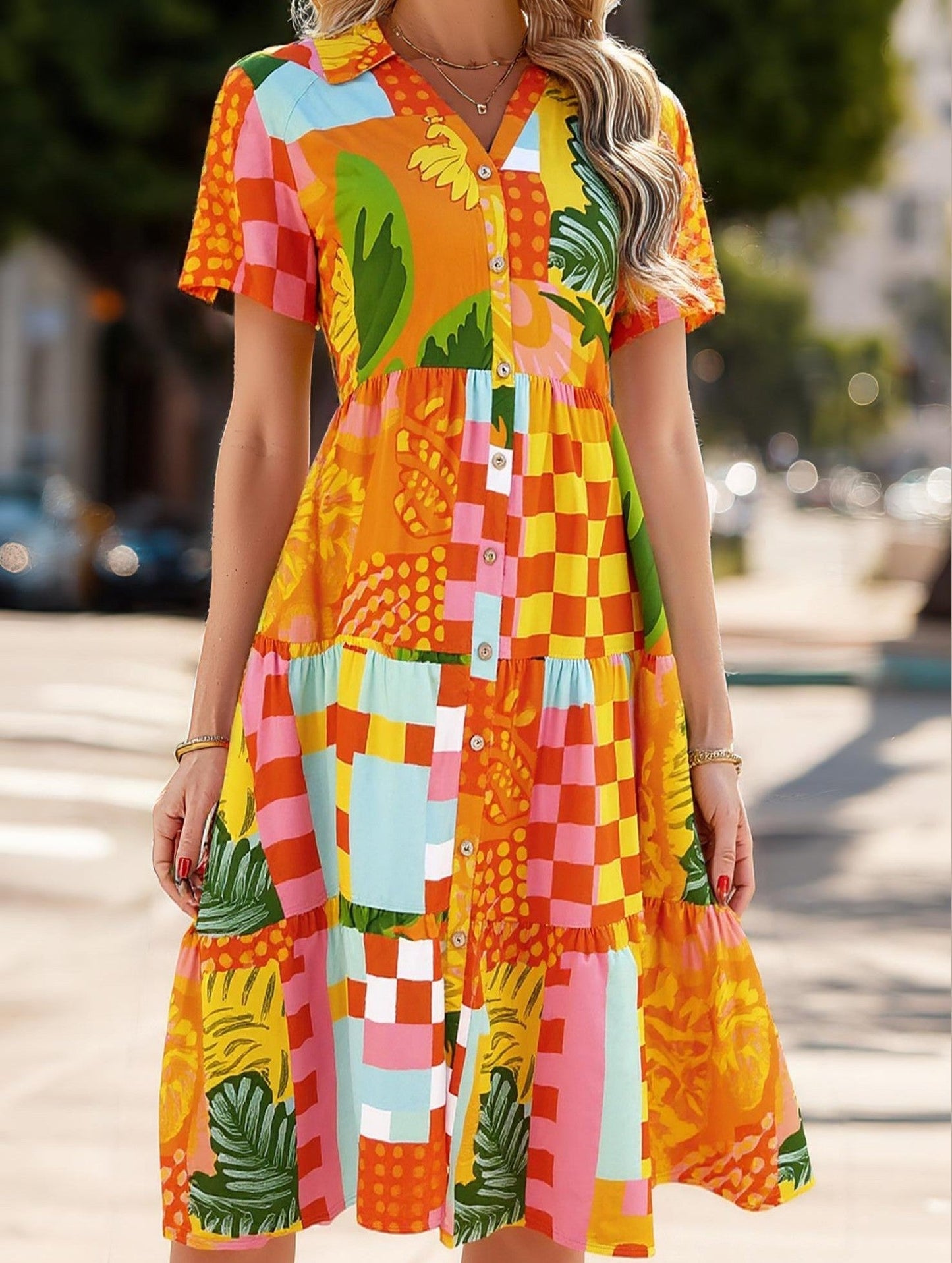 Bohemian High-Waisted Colorblock Midi Dress ??Casual Viscose Lyocell Blend