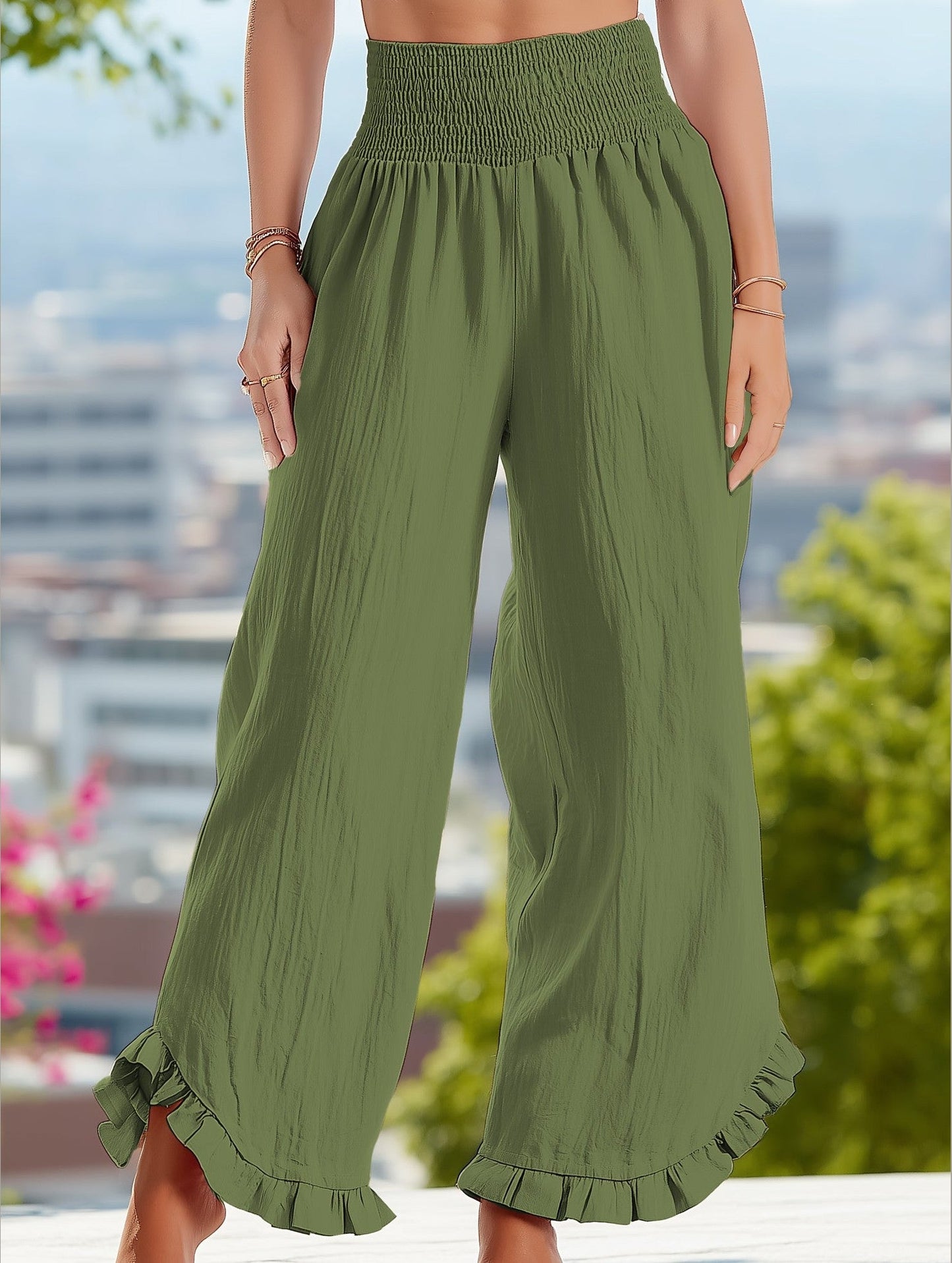 Smocked Waist Ruffled Wide-Leg Pants ??Casual High-Rise Flowy Trousers