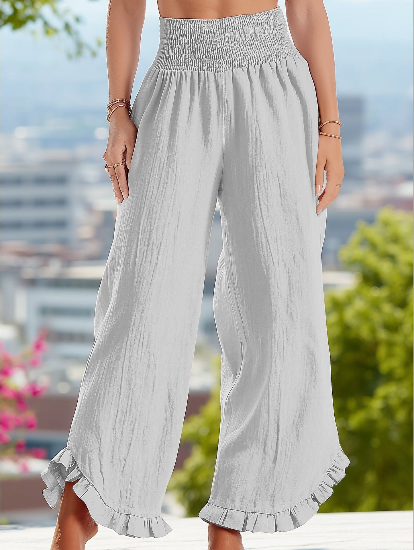 Smocked Waist Ruffled Wide-Leg Pants ??Casual High-Rise Flowy Trousers