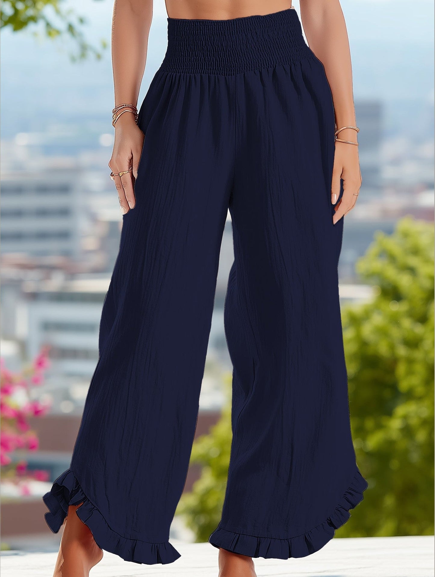Smocked Waist Ruffled Wide-Leg Pants ??Casual High-Rise Flowy Trousers